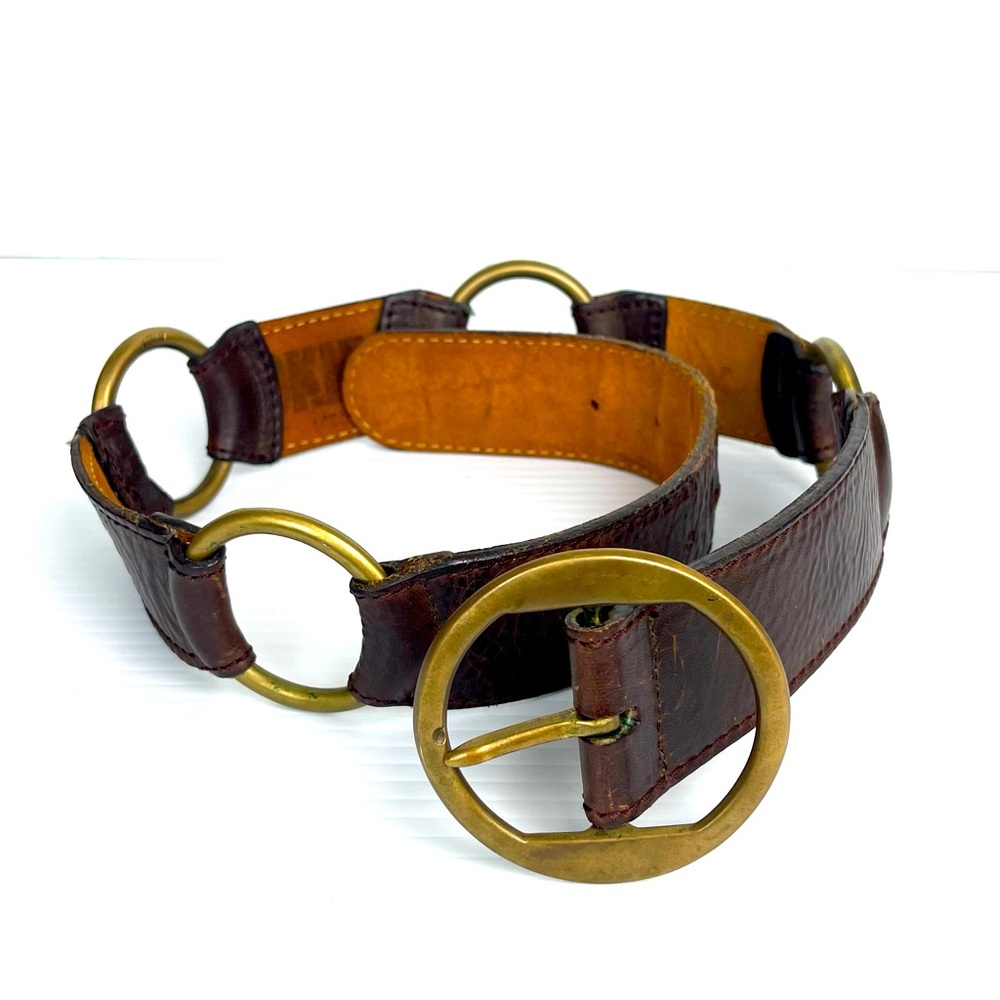 RARE Vtg 80s 90s DKNY Brown Leather Harness Belt Brass Buckle Rings Sz Small USA